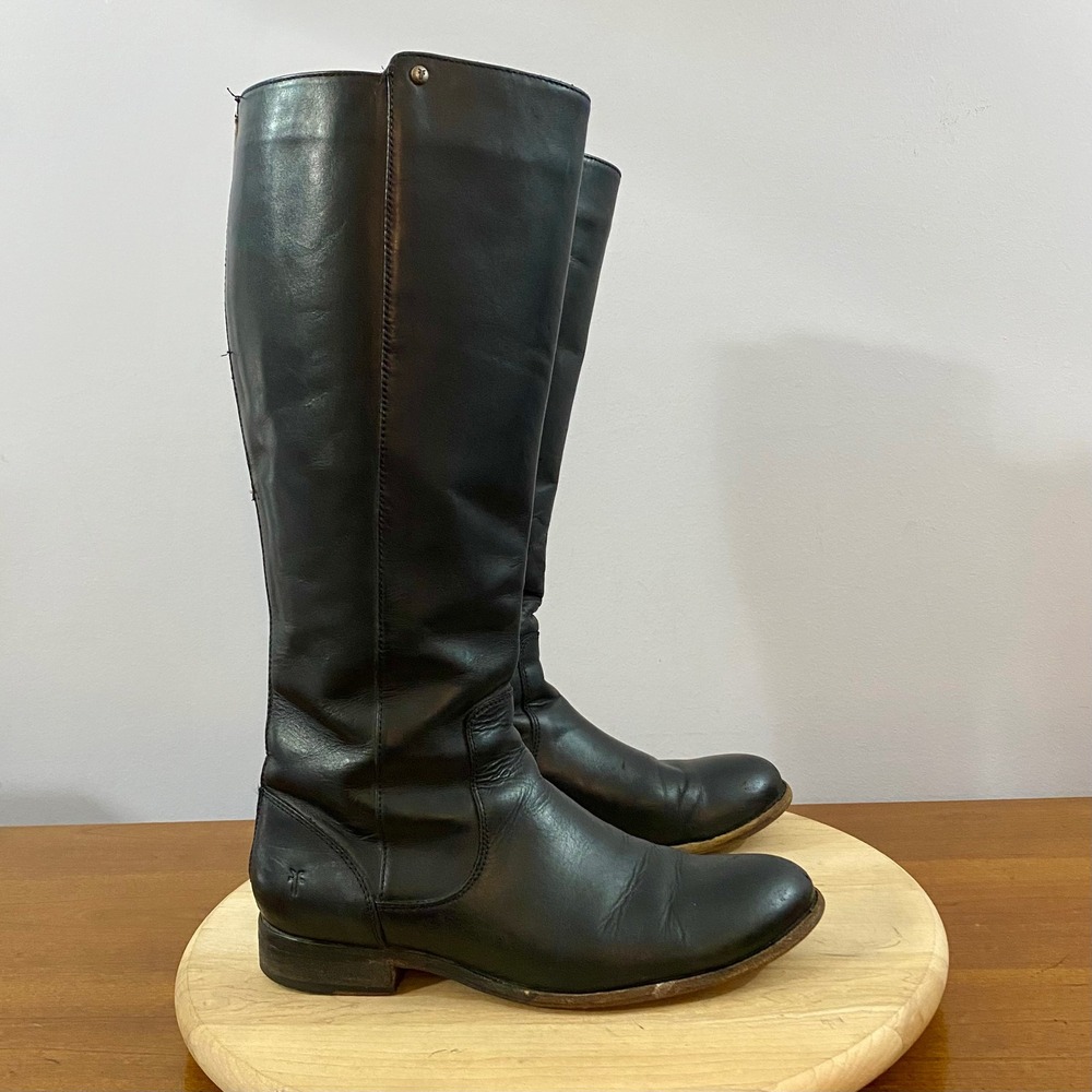Frye Melissa Stud Back Zip Boots Black Leather Tall Riding Womens Size 7.5 M